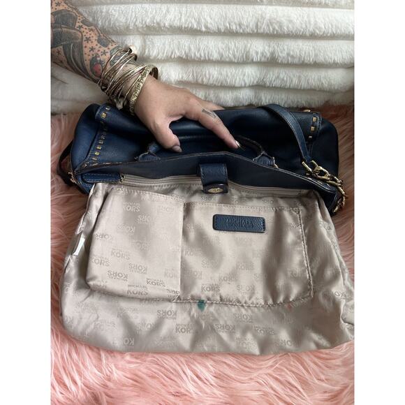 Michael Kors Navy Blue & Gold Studded Crossbody Satchel - Picture 7 of 9